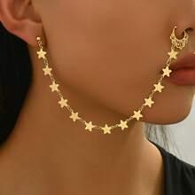 1pc Star & Moon Tassel Nose Stud, Clip-On Nose Ring, Piercing Look Earring Style Nose Hoop For Women - Multicolor - View 1