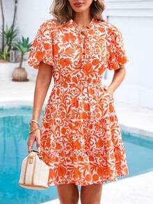 Women Summer Dresses Floral V Neck Short Sleeve Tiered Ruffle Swing Dress A-Line Mini Dresses Boho Hawaii Holiday Beach Dating Night Out Party Club Valentine Short Dress Outfits - quả cam - Xem 1