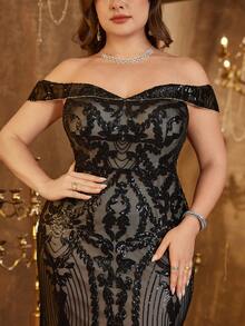 UNITHORSE Plus Size Women Off Shoulder Backless Dress, Glitter Sequins Decoration, Elegant Evening Party Dress, Bride Dress, Birthday Outfits, Graduation Dress, Formal Dress, Fall Women Clothes - 黑色 - 查看 5