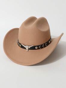 1 件男女通用西部风格牛仔帽，公牛 PU 皮革装饰，复古牛仔帽适合西部派对、酒吧、化装舞会、聚会和日常穿着 - 彩色 - 查看 2