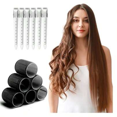 巨型卷发器滚筒，12 件套，含 6 个卷发器自握滚筒和 6 个不锈钢鸭嘴夹，适用于长中短粗细薄发刘海卷发（12 件），美发工具