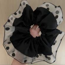 1pc Vintage French Double-Layer Mesh Black Polka Dot Elastic Hair Scrunchie, Versatile Fashion Hair Accessory Suitable For Party, Wedding, Formal Occasions