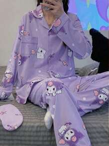 Sanrio 1 Set de pijama con estampado de personajes de Sanrio. Pijama de dibujos animados de Kuromi en morado, cómodo e inspirador