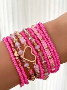 10pcs/Set Handmade Bohemian Style Beaded Heart Decor Bracelets For Women, Jewelry Set