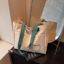 1pc,Simple Solid Color Canvas Tote Bag For Women, Large Capacity Crossbody Bag, Portable Travel Shoulder Bag, Casual Satchel Bag For Outdoor Travel Or Commuting Work, Vintage Multi-Pocket Handbag All-Match Square Bags For School, Large School Tote Bag, Multiple Compartments, Perfect For Beach, School, Work & Daily Use