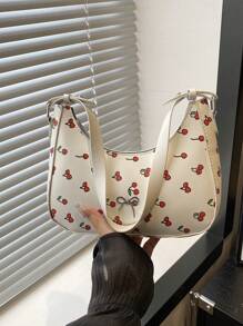Bolso de hombro con estampado de cereza y decoración de lazo para moda, adecuado para compras, monedero, jóvenes, estudiantes universitarias, oficinistas. Perfecto para la oficina, universidad, trabajo, negocios, desplazamientos, actividades al aire libre, viajes y excursiones.