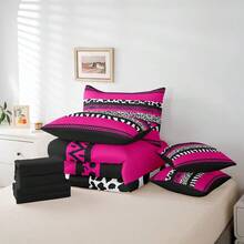Cheetah Print Bed In A Bag 7 Pieces Twin Size Comforter Set,Wild Animal Skin Leopard Spot Bedding Sets Geometry  Fuchsia Sriped Patchwork Bed Set With Comforter,Sheets,Pillowcases & Shams - Multicolor - View 5
