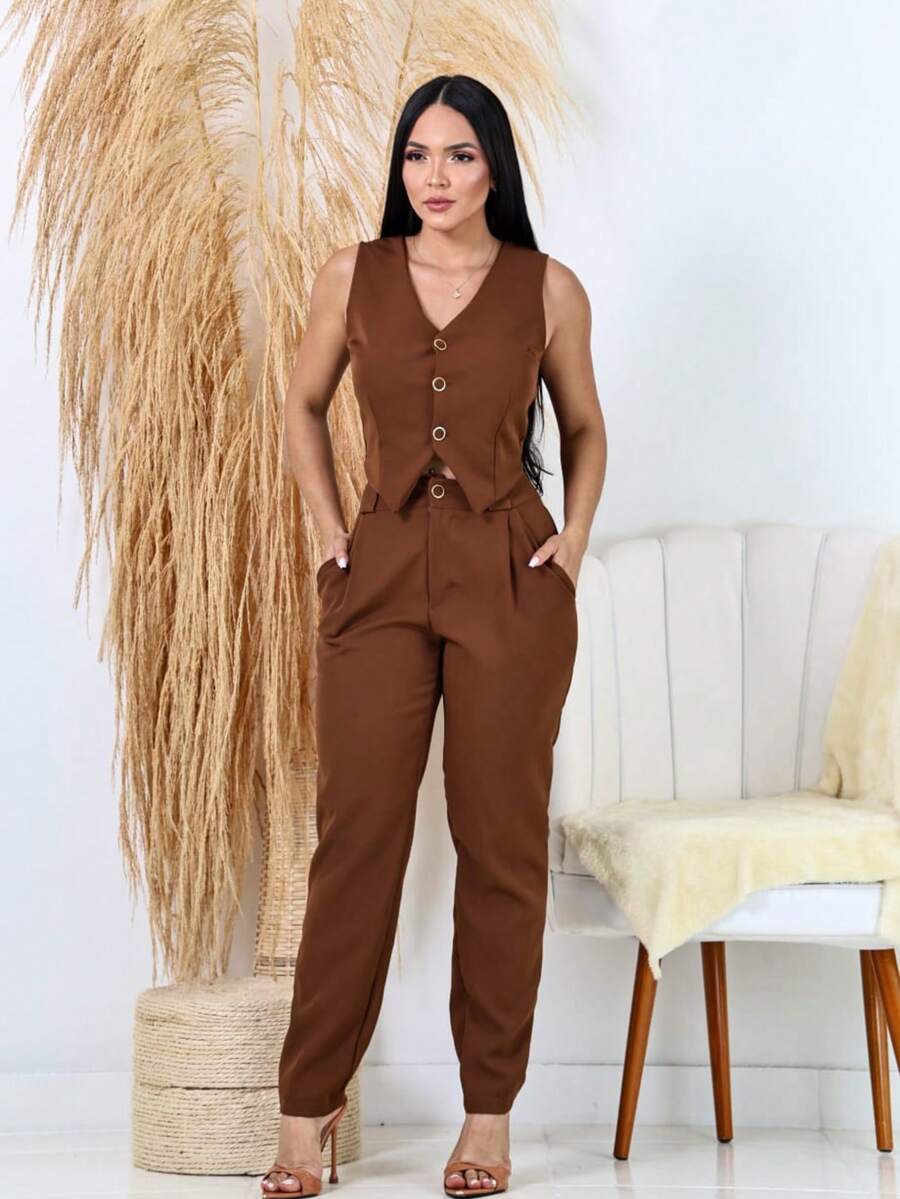 Women's Formal Skinny Pants Tailoring Set - Rust Brown - View 1