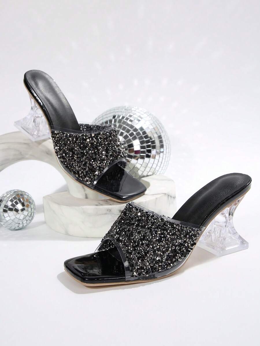 Damen neue Sommer High Heel Pantoletten, schwarze Kristall & Pailletten Dekor High Heels, modische asymmetrische Kristall Absatz Sandalen, geeignet für verschiedene Anlässe wie Valentinstag - Schwarz - Übersicht 1