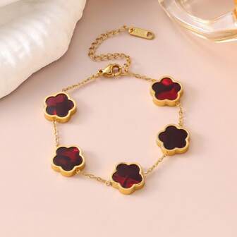 1pc Fashionable Elegant Retro Versatile Floral Titanium Steel Lucky Five-Petal Flower Bracelet, Double-Sided Mother-Of-Pearl Clover 5-Leaf Stainless Steel Bracelet