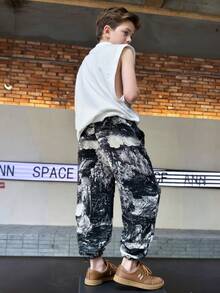 Ween Boy Ink Painting Children's Loose Cuffed Sweatpants, Lightweight Smooth Casual Long Pants, Suitable For Outdoor And School Versatile Wear 8-14 Years Old - Black - View 6