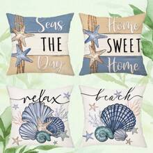 4pcs Polyester Pillowcase Set, Featuring Vintage Farmhouse Style Ocean Starfish Design With Blue And Seashell Details, Zippered Closure, Machine Washable - Ideal For Decorating Porch, Patio, Sofa And Outdoor Spaces (Pillow Inserts Not Included)