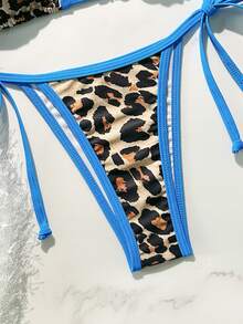 Women's Backless Leopard Print Patchwork Bikini Set (Top And Bottom), Casual Summer - Blue - View 5