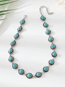 1pc Minimalist Versatile Retro Anklet, Metal Alloy Faux Turquoise Foot Jewelry For Women - Antique Silver - View 10