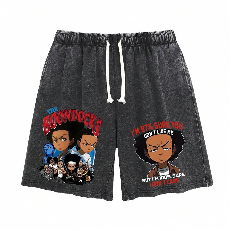Casual Shorts Brown Boondocks Anime Print I'm Still Sure You Don't Like Me For Daily Wear Cartoon Graphic Shorts - 黑色 - 查看 1