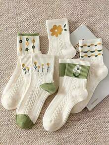 5雙/套女款創意花卉印花綠色中筒襪
