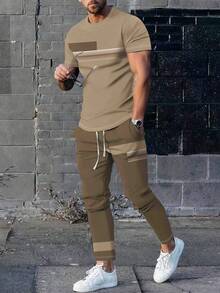 2pcs Men's Sports Outfit, Breathable & Comfortable, Premium Fabric Ultra Soft, Gradient Casual Crew Neck Short Sleeve Top And Jogger Pants Set, Popular Outfit - Khaki - View 3