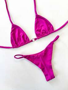 Triangle Bikini With Double String And RING - Ribbon Mark Summer Beach Holidays - 白色 - 查看 5
