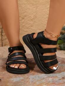 Women's Minimalist Thick Sole Sandals With Strap Square Buckle, Plus Size Mom Casual Sandals, Student Soft Sole Comfortable Platform Design Open Toe Flat Shoes, Summer Retro Elegant Versatile Casual Beach Comfortable Sporty Workwear Style Fashion Outing - Black - View 7