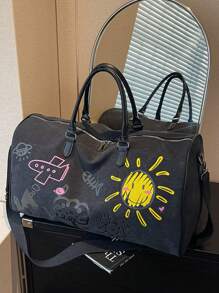 Thickened Canvas Cartoon Graffiti With Childlike Patterns, Wear-Resistant, Multi-Level, Large Capacity, Ultra Light, Foldable, Multifunctional, Zippered Single Shoulder Crossbody Handbag, Travel Bag, Luggage BagSuitable For Shopping, Wallet, Shopping, Young Women, College Students, Newcomers, White-Collar Workers. Very Suitable For Office, College, Work, Business, Commuting, Outdoor Activities, Travel And Outings