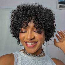 Elegant Afro Kinky Curly Wig For Woman, Glueless Human Hair With Bangs,180%Density, Rose Net Cap, Everyday Look | Chic Style | Remy Human Hair - 自然色&黑色系 - 查看 6