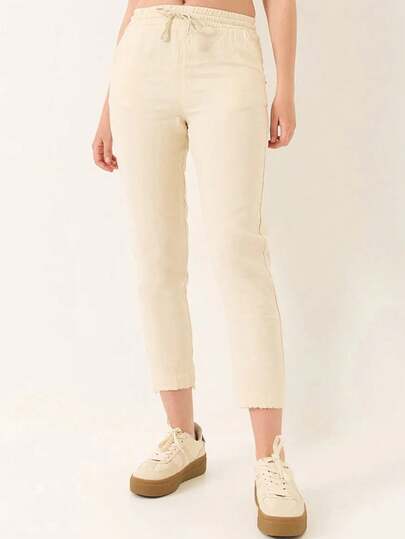 BIANCO LUCCI Bianco Lucci Women's Tie Waist Leg Detailed Pocketed Linen Carrot Trousers