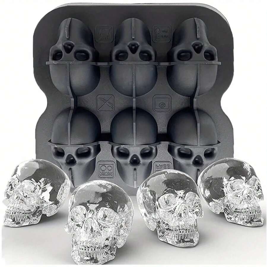 Molde de bola de hielo de calavera de silicona 3D, bandejas de cubos de hielo flexibles, bandejas de hielo libres de BPA para congelador, fabricante de bolas de hielo de cóctel de cabeza de calavera de horror - 6 cuadrículas - Ver 1