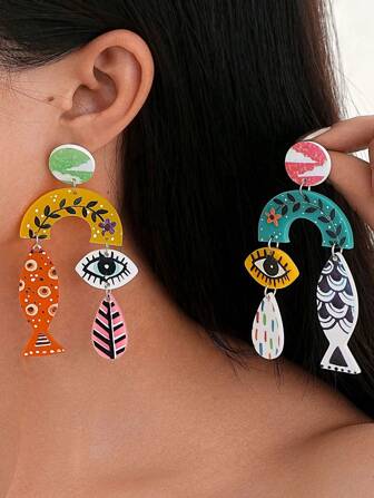一对多功能亚克力耳钉，带有复古鱼眼和叶子印花图案