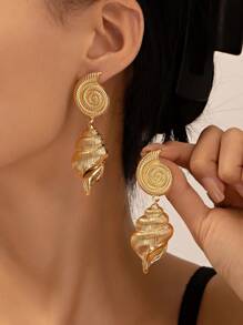1 Pair Gold Metal Sea Shell Earrings, Vintage Style Fashion Jewelry For Women, Summer Beach