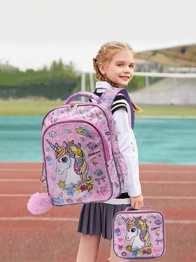 BLING BABIES 3pcs/Set Girls' Pink Sequin Unicorn Pattern Cute Cartoon Backpack, Suitable For Elementary Students, 17-Inch Backpack With Glow-In-The-Dark Feature, Includes Lunch Bag And Pencil Case