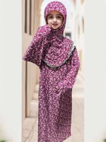 Rose Red Small Plum Blossom Pattern Headscarf For Girls, Children, Teens - Elastic & Comfortable With Wide And Long Design, Suitable For Daily Outdoor And Home Use