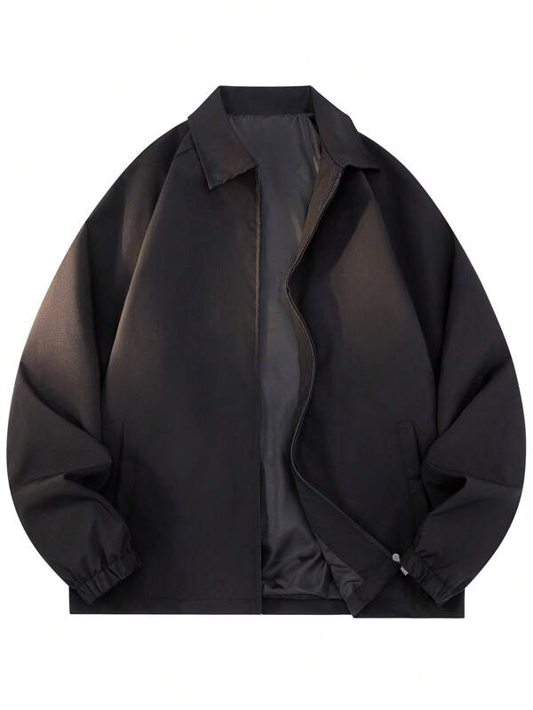 1 pièce Veste à col unicolore noire pour homme, printemps/automne, poignet à fermeture éclair, design minimaliste manches raglan
