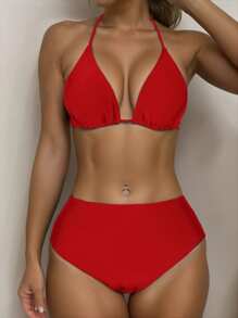 Conjunto de bikini sexy con triángulo ajustable y nudo en el pecho, de unicolor para mujer