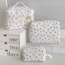 3pcs Makeup Bag Quilted Cosmetic Bag Silk Ribbon Large Floral Make Up Bag For Women Bow Cotton Makeup Bag Set Flower Travel Toiletry Bag - trắng - Xem 6