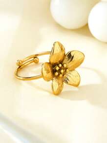 1 pieza Anillo elegante y vintage con diseño de flor chapado en oro de 18K de acero inoxidable, accesorio de moda sofisticado adecuado para verano, playa, viajes, trabajo, uso diario y fiestas para mujer