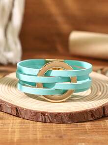 1 Pc Women Simple Leather Strap Crossed Bracelet - Fashionable Everyday Multifunctional Summer Vacation Boho Style Bracelet, Beach Holiday Travel Essential, Stackable, No Gift Box - Blue - View 3