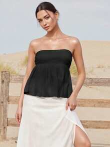 Women Cotton Strapless Bandeau Tube Top Ruffle Hem Off Shoulder Sleeveless Pleated Peplum Blouse Flowy Casual Going Out Tanks - màu đen - Xem 4