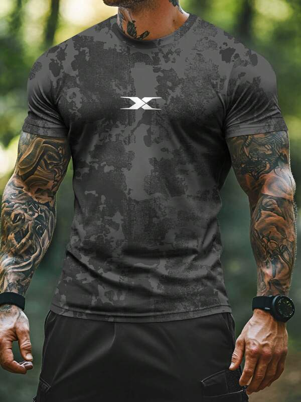 Camisetas de cuello redondo de manga corta casuales y transpirables para hombres, con gráfico degradado, mezcla de poliéster, lavables a máquina para verano, deportes y tiempo libre, entrenamiento