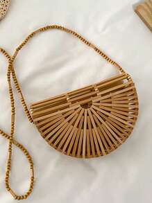 Fashion Half Moon Wooden Shoulder Crossbody Bags For Women Bamboo Woven Summer Beach Straw Bag Rattan Small Phone Purse Mini Bag