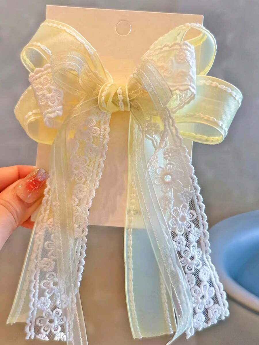 1pc Girls' Fresh & Sweet Mesh Printed Ribbon Bowknot Streamer Hair Clip - Yellow - View 1
