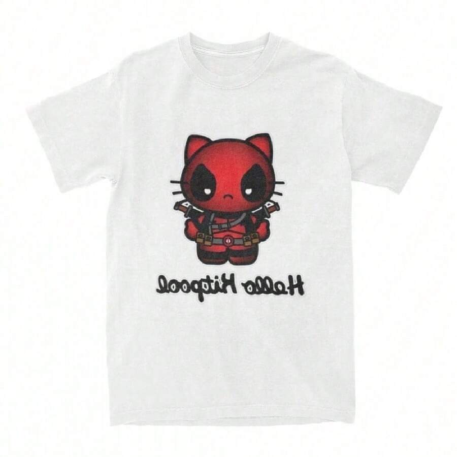 2025 Deadpools Hellos Kittys Kawaii T-Shirt Fashion T Shirt Short Sleeved Vintage Tops Summer Cotton O Neck 3XL Tees - 白色 - 查看 1