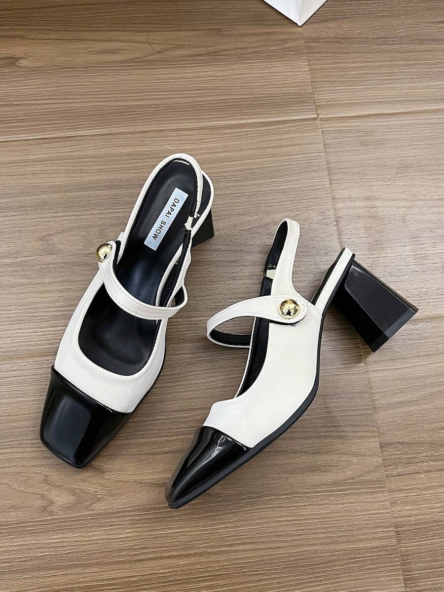 复古方头法式高跟凉鞋，时尚包头高跟鞋，性感优雅的粗跟玛丽珍鞋，亮面皮革，魔术贴闭合，适合约会、伴娘、所有季节