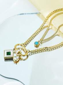 1 pièce Collier en acier au titane à deux couches incrusté de cristal de forme de losange rétro haut de gamme, chaîne de collier pour femmes, convenant pour un port quotidien et des fêtes, ne se décolorera pas