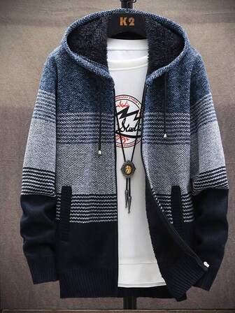 韩版男士连帽开衫，全拉链，羊毛内衬，休闲常规版型，适合秋冬季节，长袖上衣