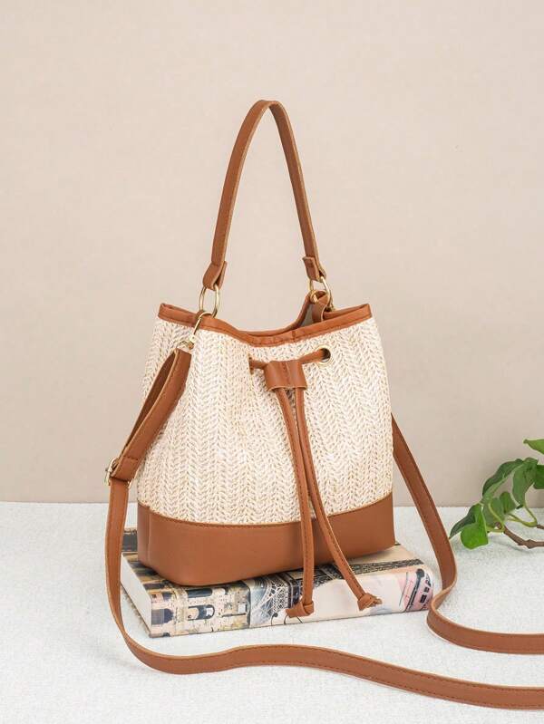 Bolsa Balde com Cordão e Grande Capacidade, Bolsa de Praia Versátil de Uso Diário, Nova Bolsa Transversal de Palha de Verão para Mulheres