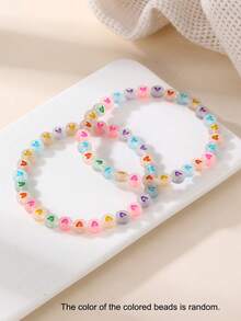 2pcs/Set Girls Neon Green Heart-Shaped Beaded Anklet Set - Multicolor - View 6