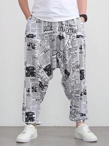 بنطلون هاريم فضفاض بطباعة صحيفة قديمة للرجال، بنطلون طويل كاجوال للارتداء اليومي، الرياضة، عطلة الشاطئ، الخريف