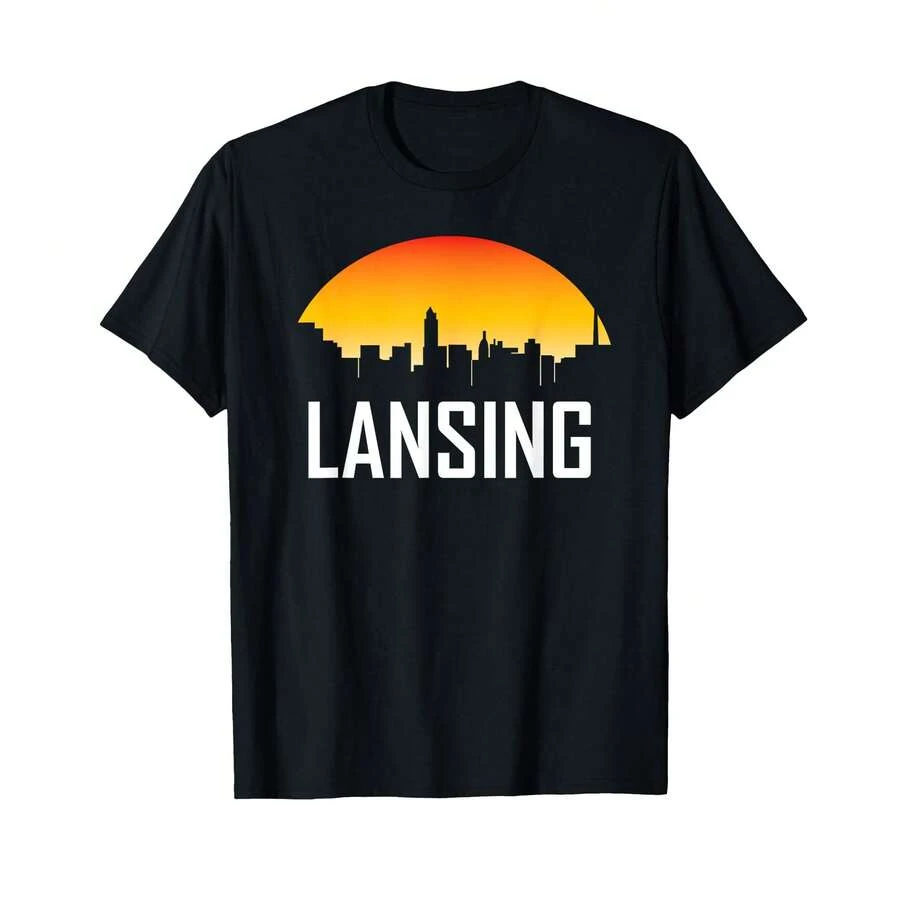 Lansing Michigan Sunset Skyline Silhouette T-Shirt; SP Gifts For Teen Boys - Black - View 1