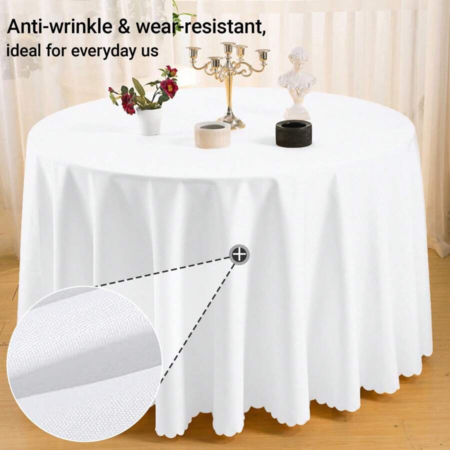 1pc Round Tablecloth, White, Machine Washable Linen-Polyester Decorative Tablecloth, Suitable For Dining Table, Party, Banquet And Wedding
