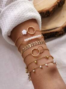 imoli 6pcs Set Vintage Style Metal Chain Circle Tassel Beaded Bracelet, Elegant Jewelry Gift For Women, Suitable For Daily Wear, Beach, Travel